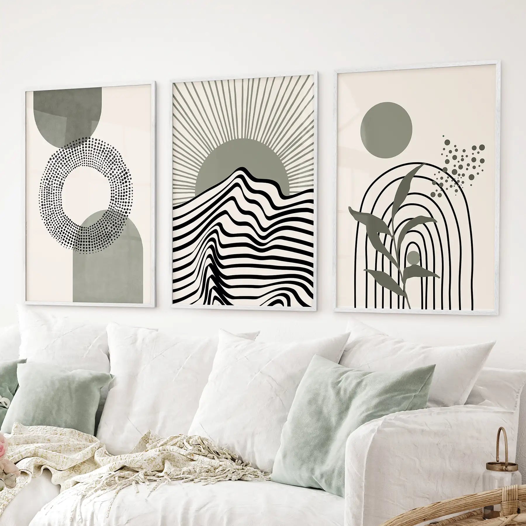 Abstract sage green posters in white frames, boho gallery wall of 3