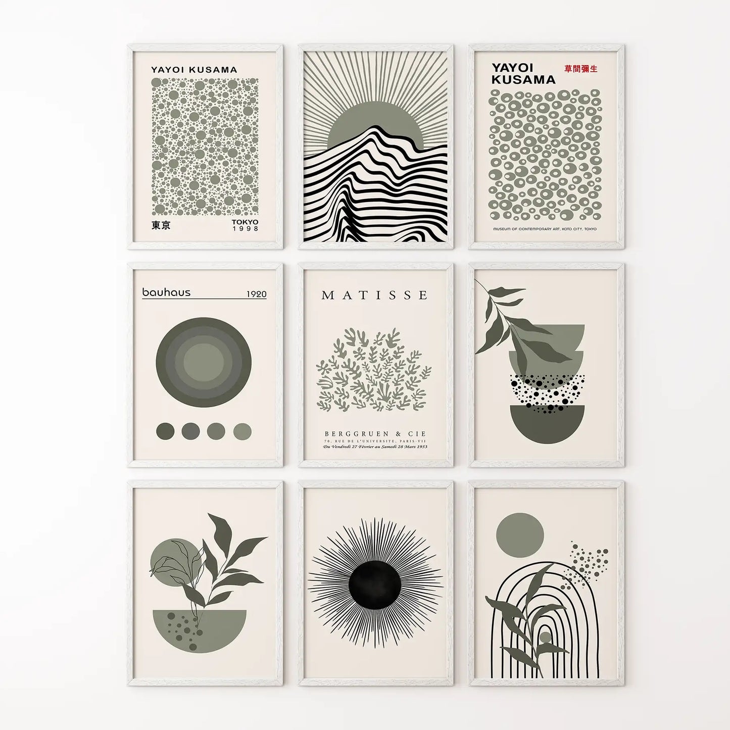 Abstract posters set featuring sunburst, plants, circles, and line art in a modern grid layout. White frames for living room.