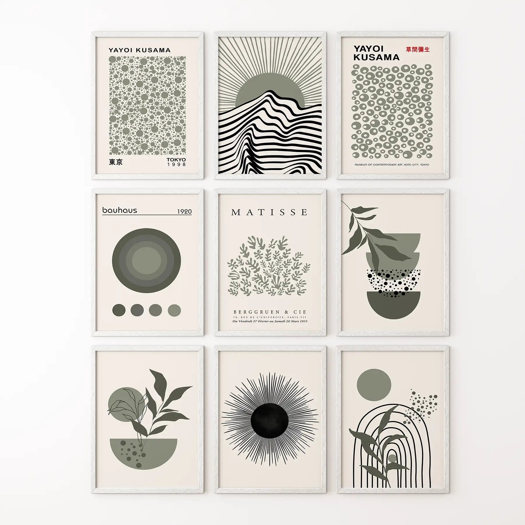 Abstract posters set featuring sunburst, plants, circles, and line art in a modern grid layout. White frames for living room.