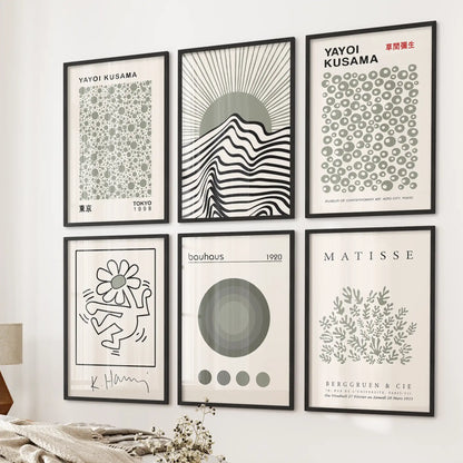Black framed abstract prints in sage green tones, gallery wall set of 6 with Kusama and Matisse elements