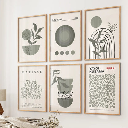 Sage green abstract prints in wood frames, set of 6 inspired by Bauhaus and modern art