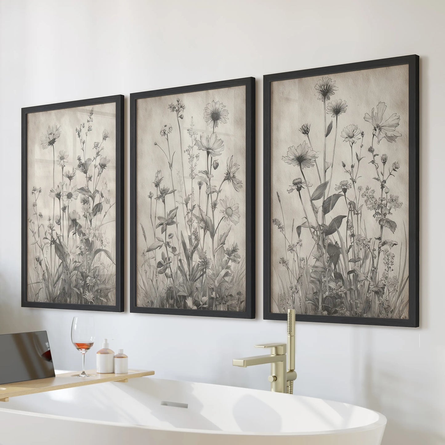 This trio of black-framed botanical wall prints brings a modern farmhouse feel to the bathroom wall above the tub.