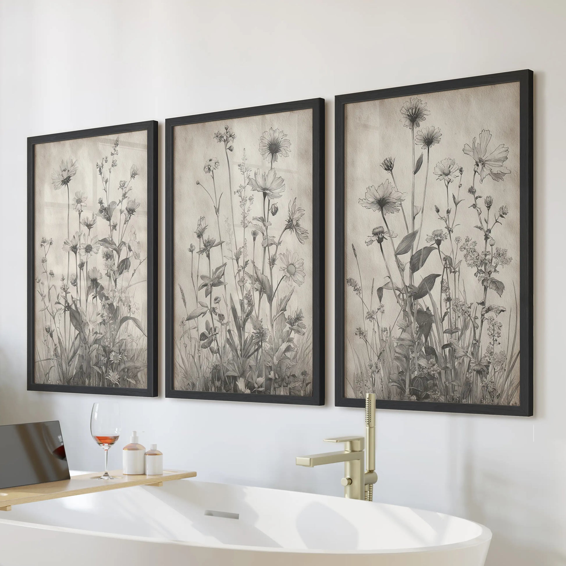 This trio of black-framed botanical wall prints brings a modern farmhouse feel to the bathroom wall above the tub.