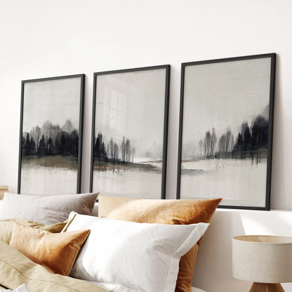 A gallery wall of 3 watercolor forest prints in sleek black frames brings a calm, minimalist touch to the bedroom above the headboard.