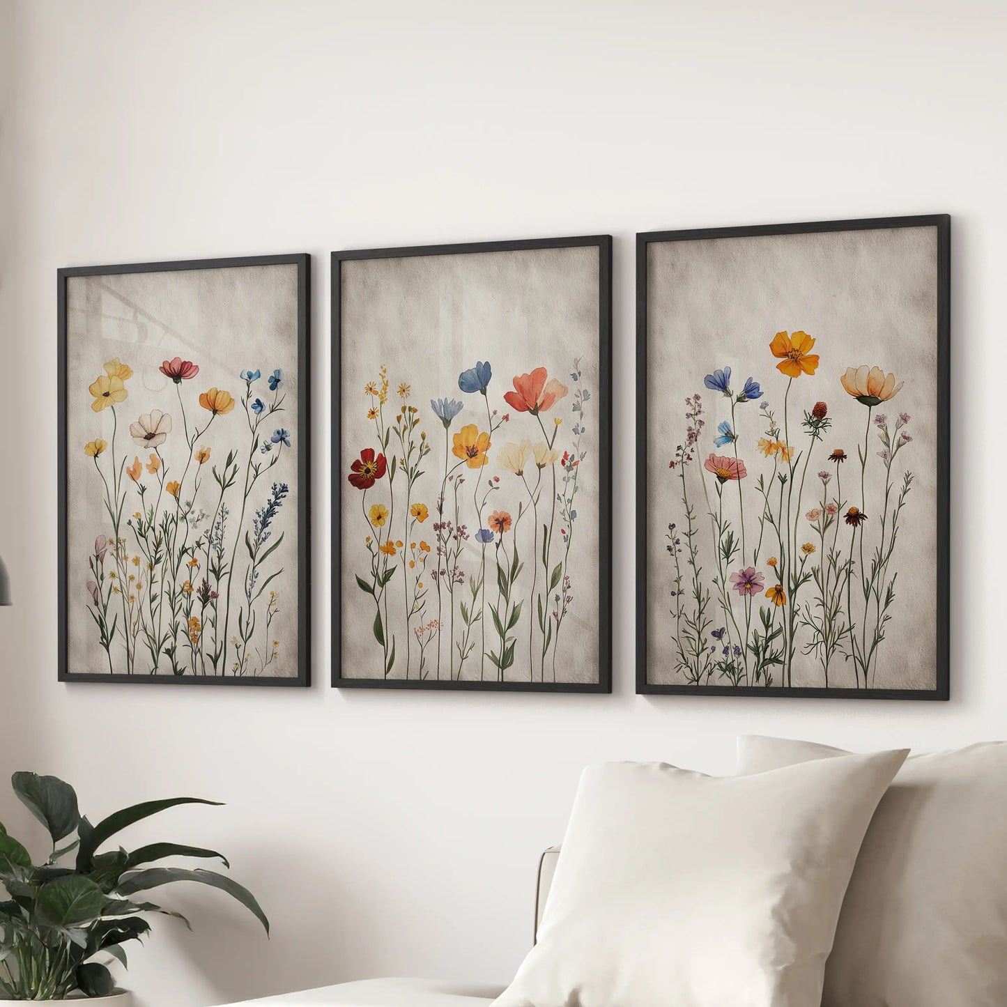 Farmhouse florals in a three-piece wall art collection, black framed and arranged for a sitting room to span the space over the couch.