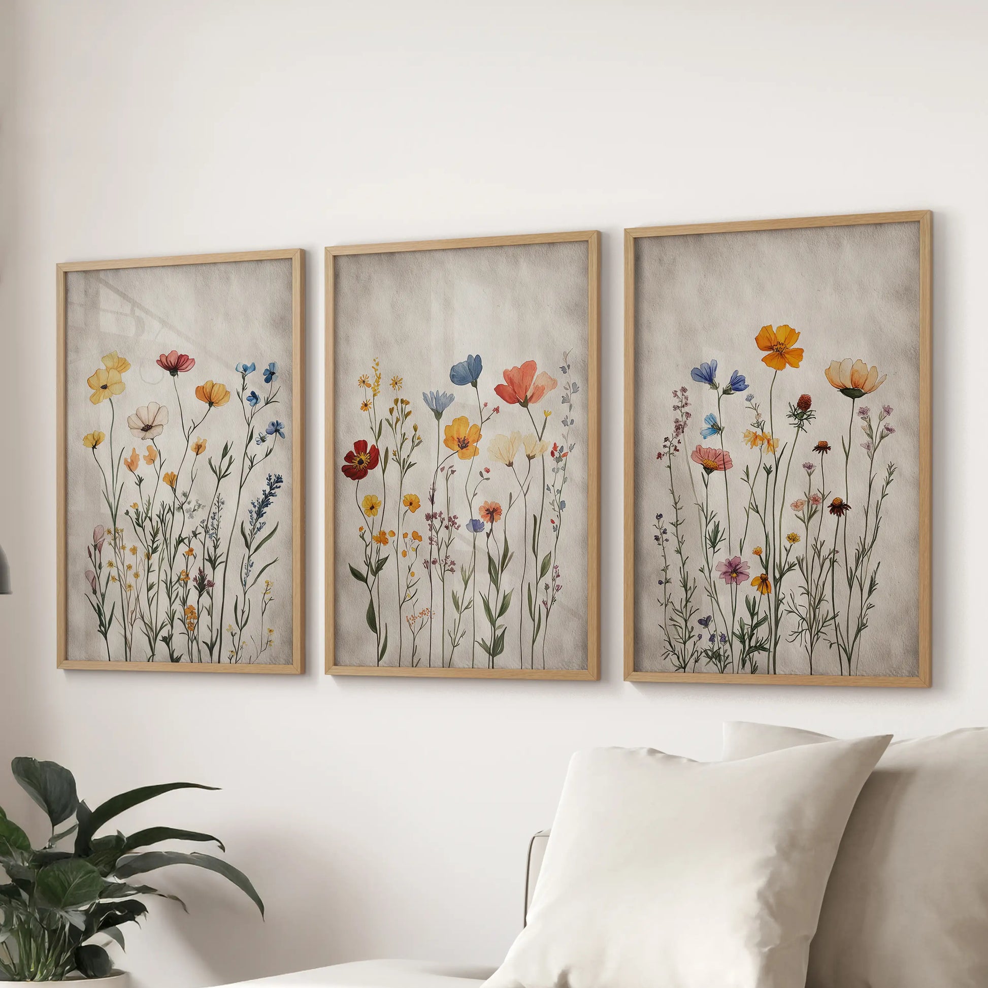 This three-piece art set in solid oak frames displays soft boho florals, arranged across the sitting room wall above a sectional sofa for warmth.