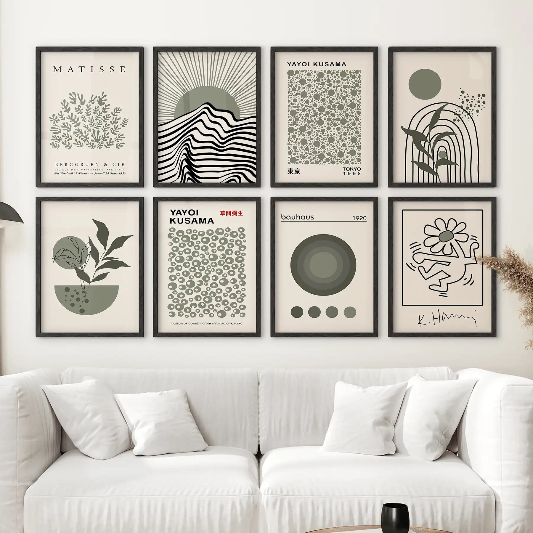 Bauhaus and mid-century inspired green prints in black frames, full gallery wall layout for living room