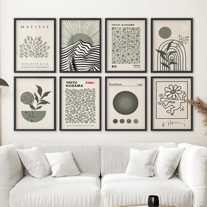 Bauhaus and mid-century inspired green prints in black frames, full gallery wall layout for living room