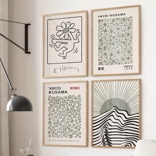 4 piece abstract and pop art wall print set featuring Yayoi Kusama dots and Keith Haring flower figure. Thinwood frames for living room.