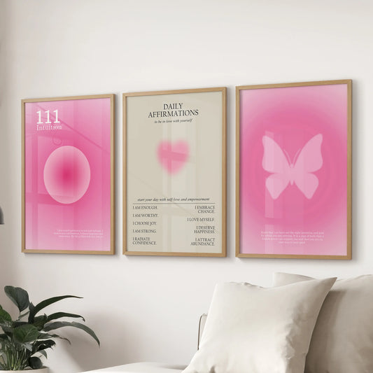 Preppy pink typography makes this 3-print wall art set a cheerful accent above the sitting room sectional in thin wood frames.