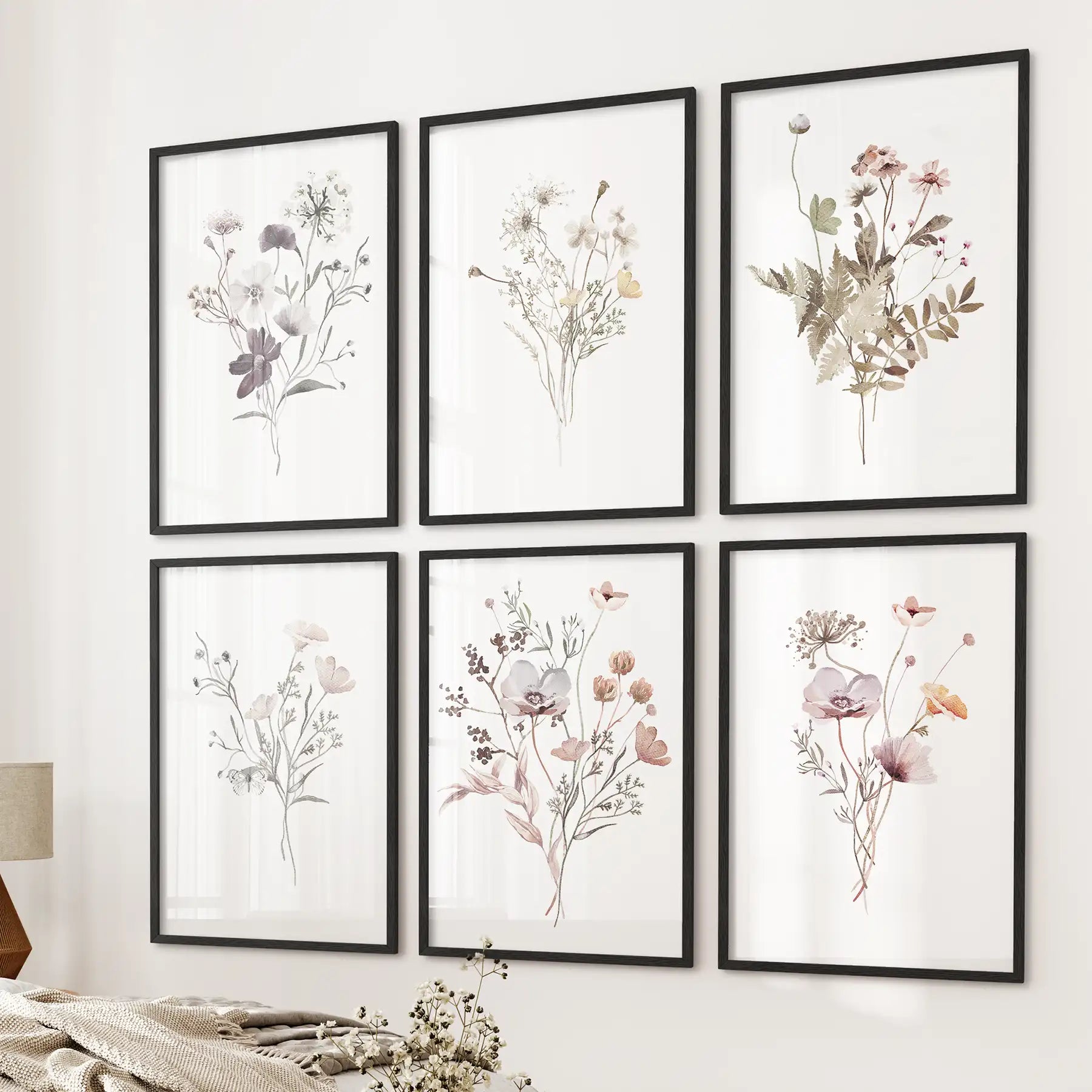 Delicate watercolor flower prints in black frames, botanical wall set of 6