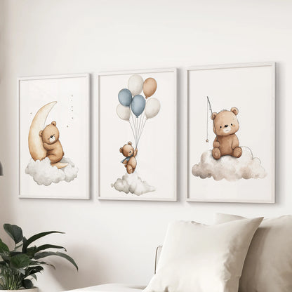 Watercolor bear with balloons nursery gender neutral set of 3 prints. White frames above the couch.