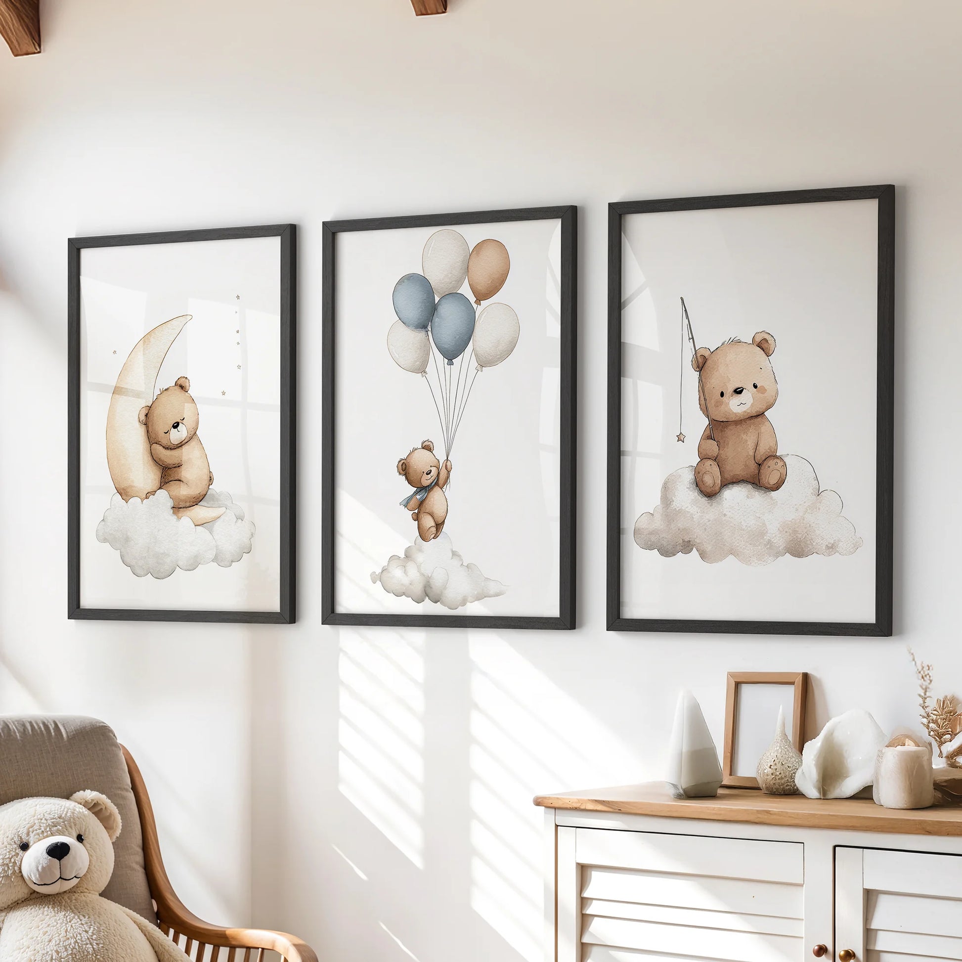 Cute bear on cloud holding balloons centered between two matching teddy prints.