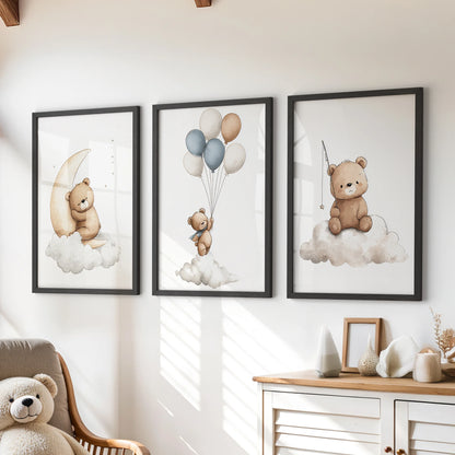 Cute bear on cloud holding balloons centered between two matching teddy prints.