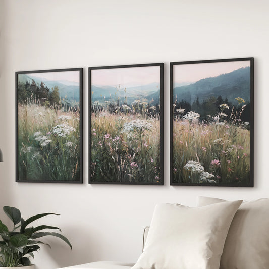 Farmhouse countryside field poster bundle of 3, presented as black framed wall prints, anchors the family room behind the couch with calm, muted tones.