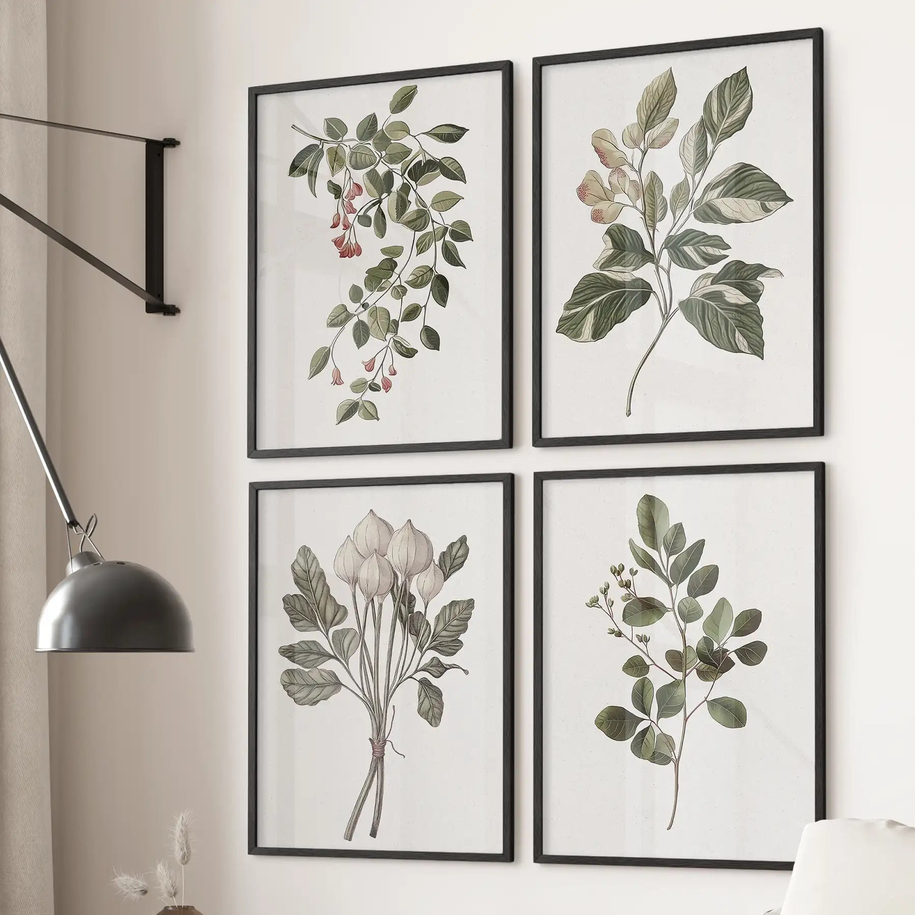 French country farmhouse prints. Trendy flowers wall art. Black frames for bedroom.