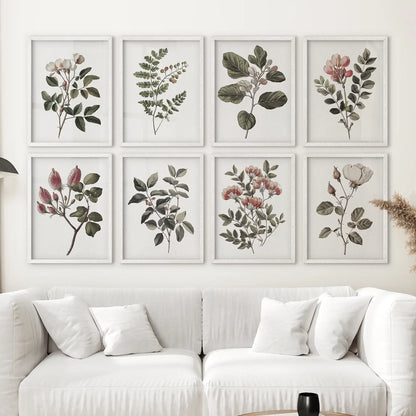 Wild rose modern art decor. Botanical set of 8 prints apartment decoration. White frames for living room.