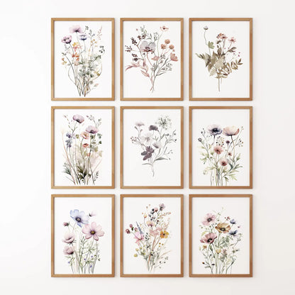 Boho style botanical prints in soft neutral tones. Gallery wall set of 9 prints. Thinwood frames for bedroom.