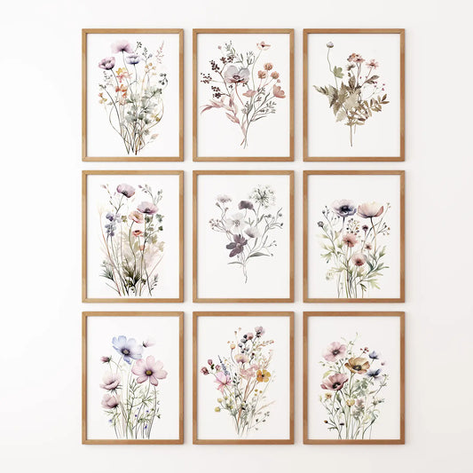 Boho style botanical prints in soft neutral tones. Gallery wall set of 9 prints. Thinwood frames for bedroom.