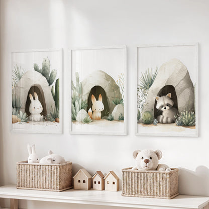 Three white-framed nursery prints—two bunnies and a raccoon in cave scenes with sage plants—above wicker baskets and toys.