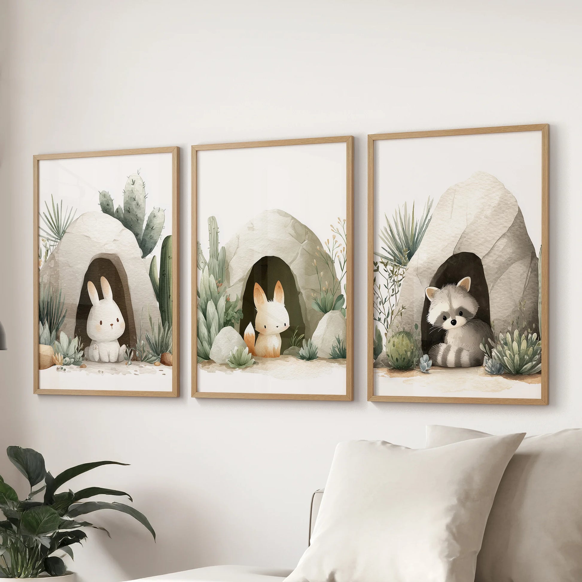 Cute rabbit and raccoon art for baby room, white-framed set of three prints on a white wall.