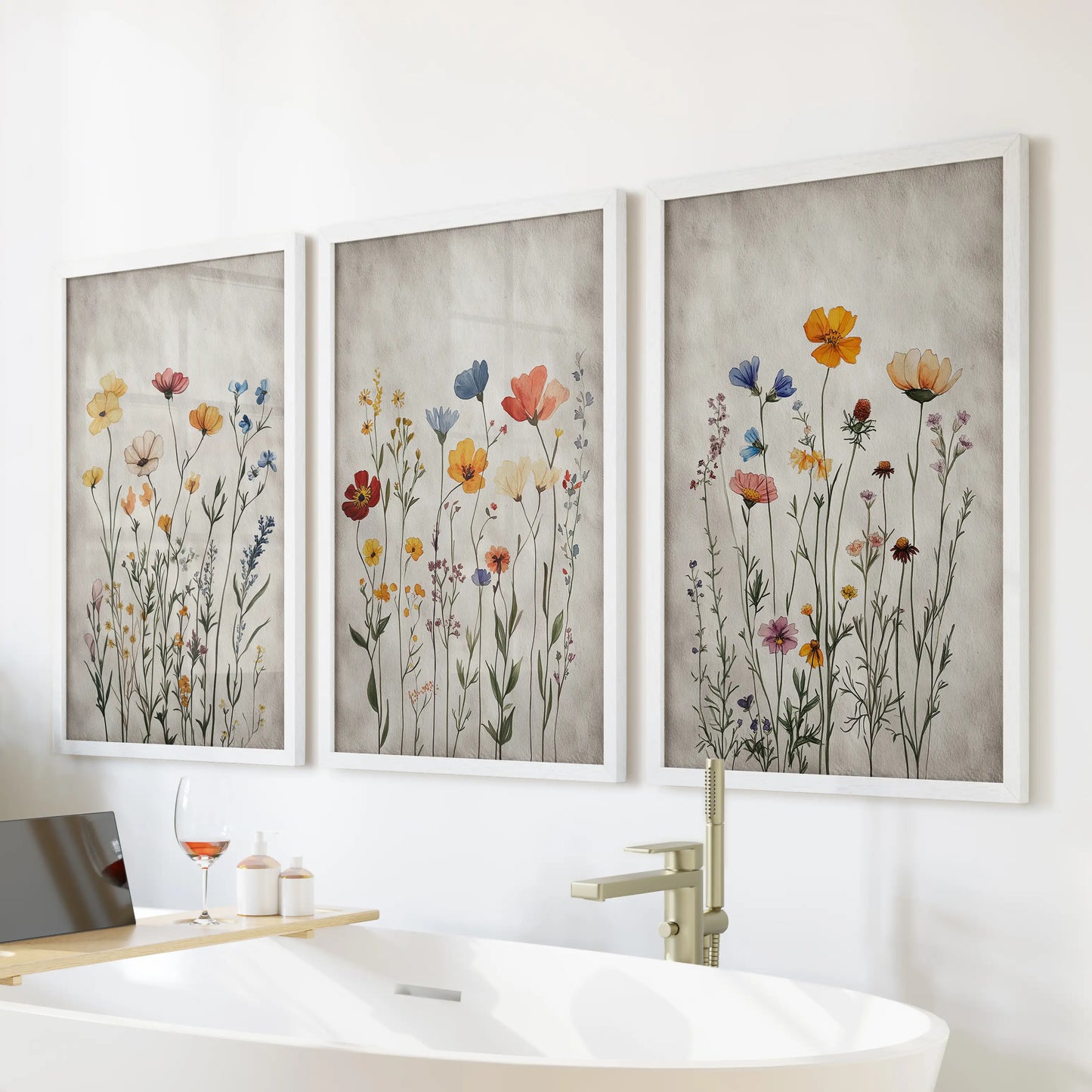 Wildflower botanical illustrations, a three-print wall art set in white frames, calm and airy for the bathroom, hanging just above the bath.