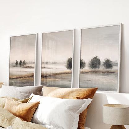 Wabi Sabi landscape art, a three-piece wall decor set in white frames, rests over the headboard to lend the bedroom an airy, minimalist mood.