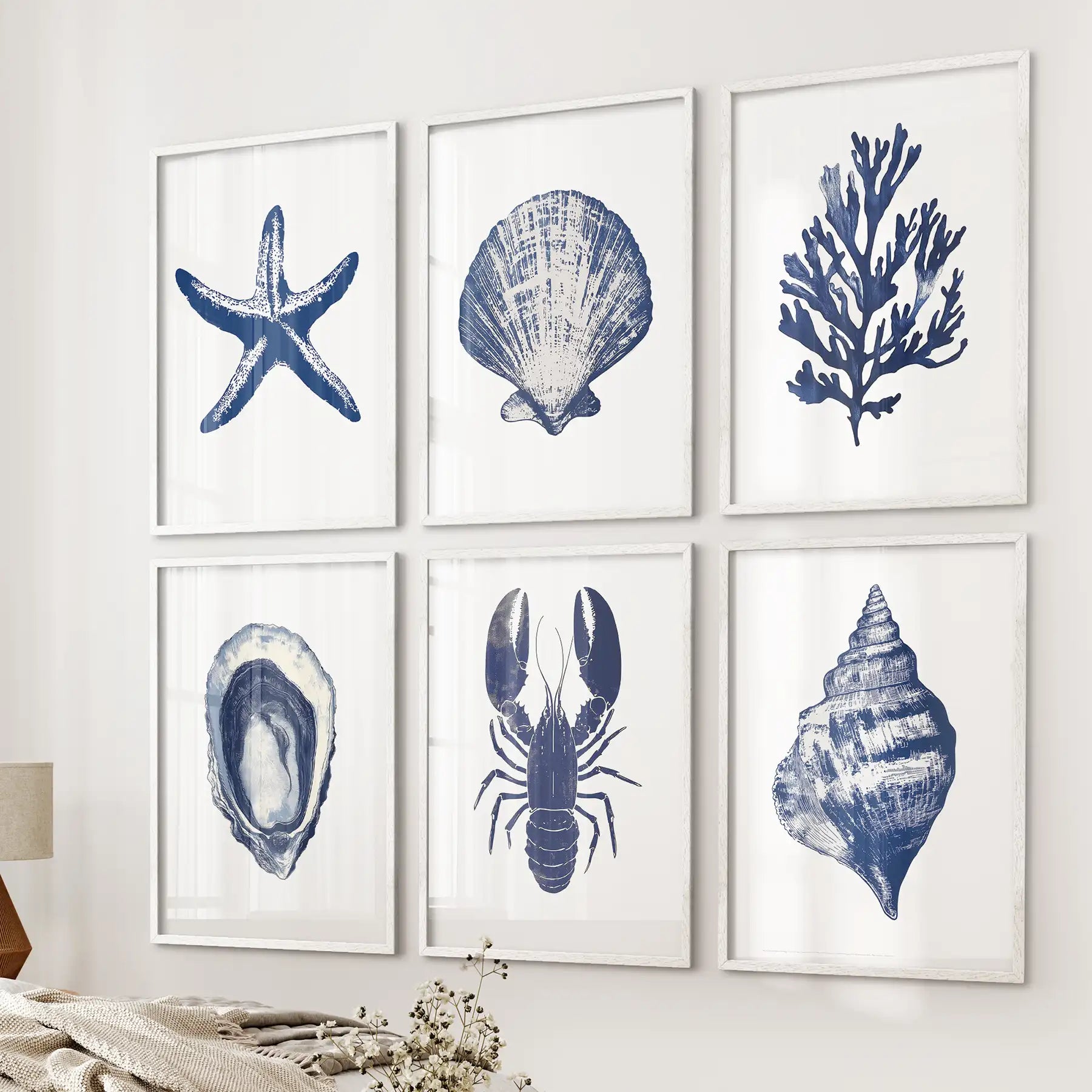 Set of six blue and white nautical themed. Sea life minimalist contemporary poster print. White frames for bedroom.