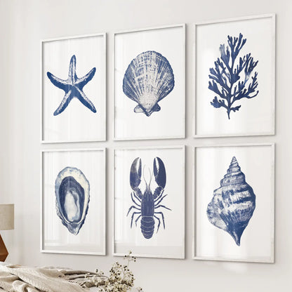 Set of six blue and white nautical themed. Sea life minimalist contemporary poster print. White frames for bedroom.