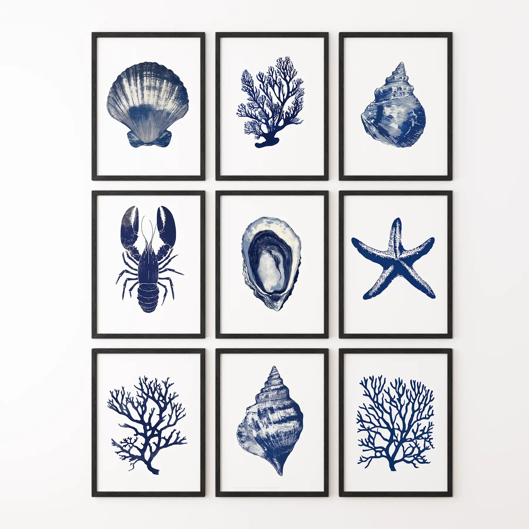 Modern beach art set of 9 piece. Watercolor nautical bundle art prints. Black frames for beach house.