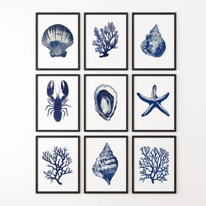Modern beach art set of 9 piece. Watercolor nautical bundle art prints. Black frames for beach house.