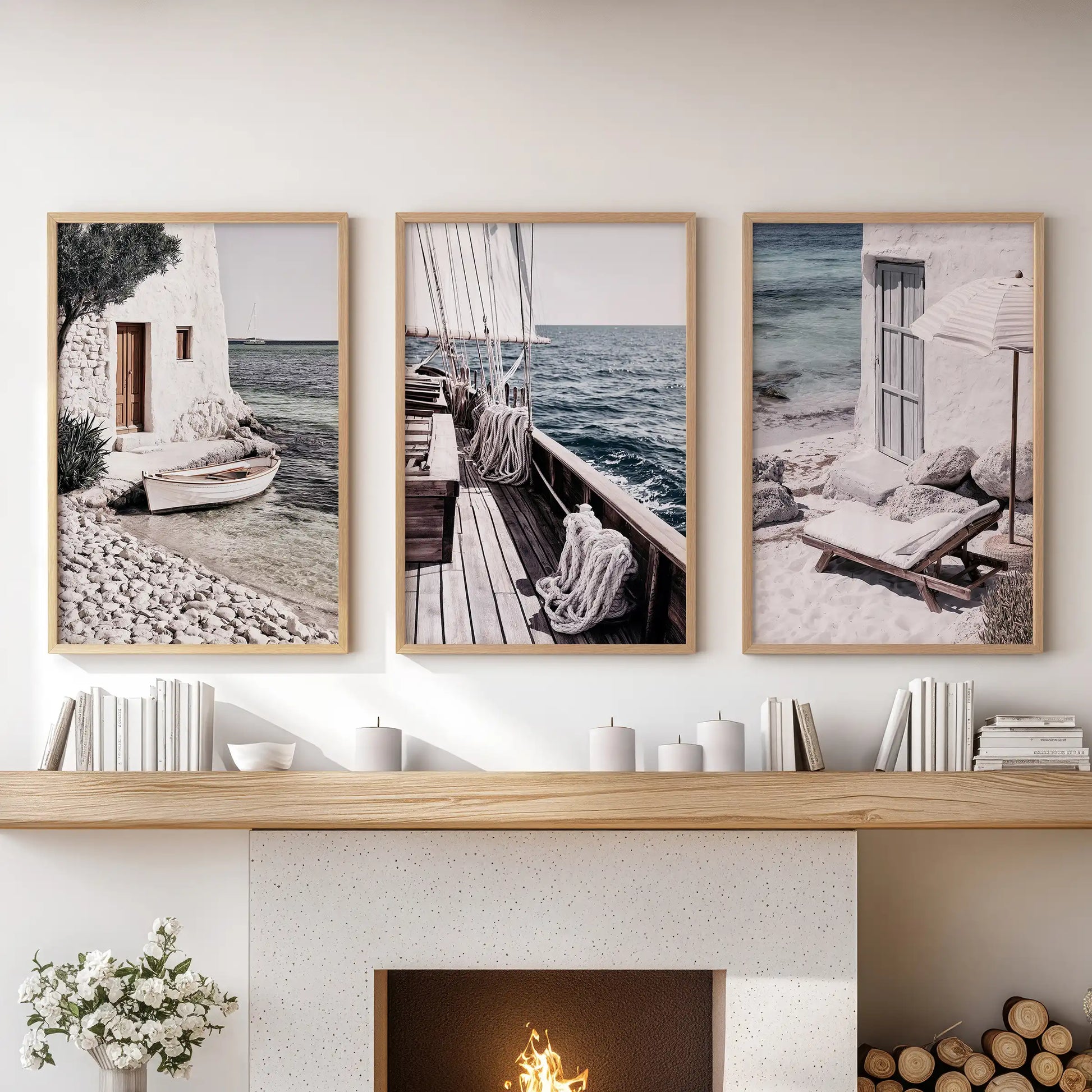 Greek island seascapes 3-piece wall art with light wood frames, set over the mantle to soften the sitting room with sunwashed nautical clarity.