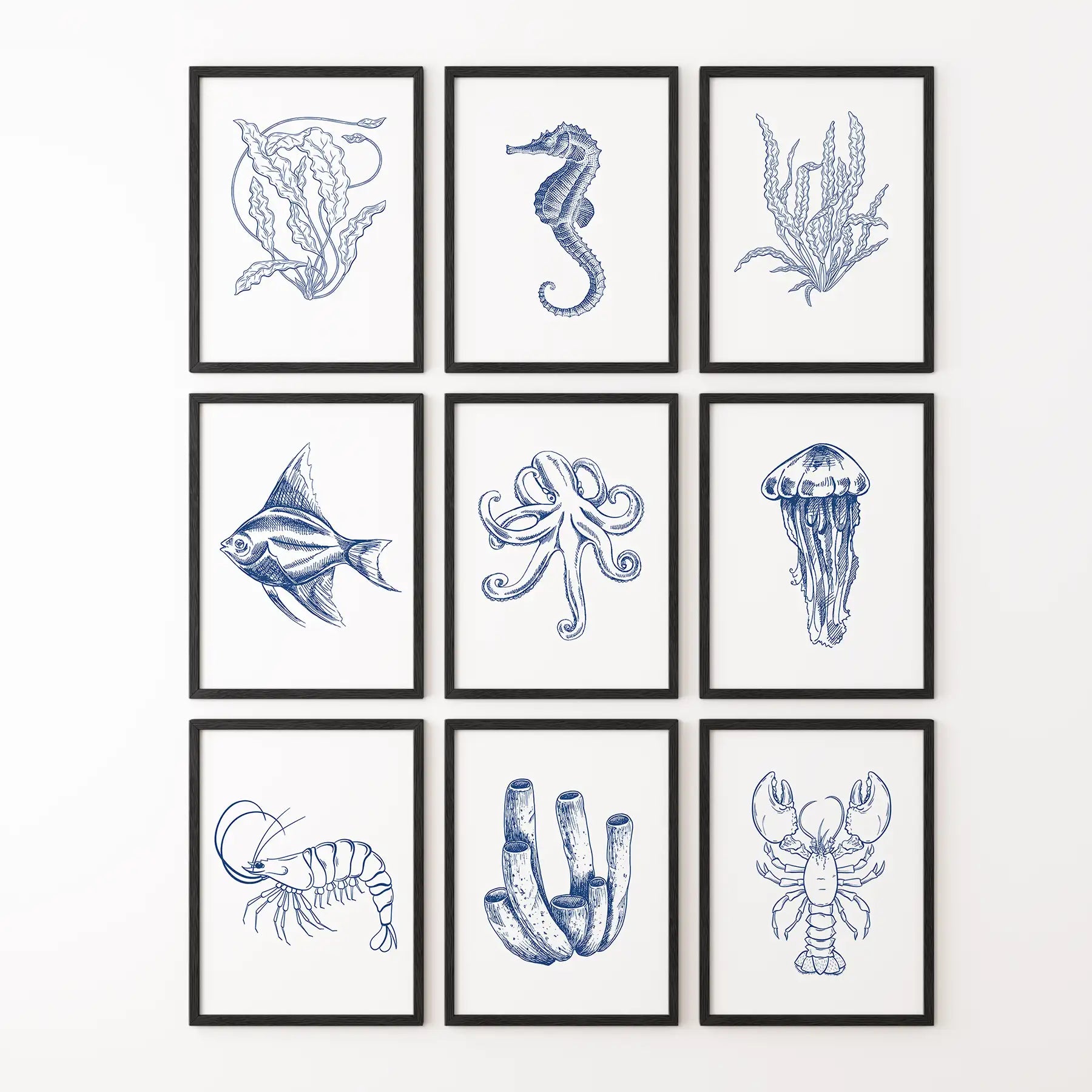 Marine life art set with navy sea creatures, coral, and shells for coastal interior. Black frames for hallway.