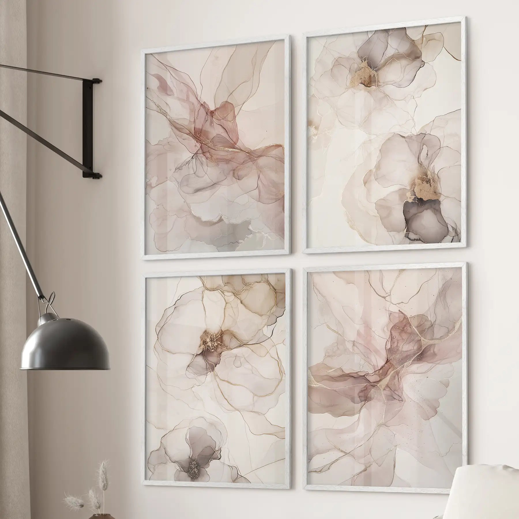 Abstract pink wall art set of 4 poster. Gallery wall art set trendy art decor. White frames for bedroom.