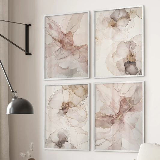 Abstract pink wall art set of 4 poster. Gallery wall art set trendy art decor. White frames for bedroom.