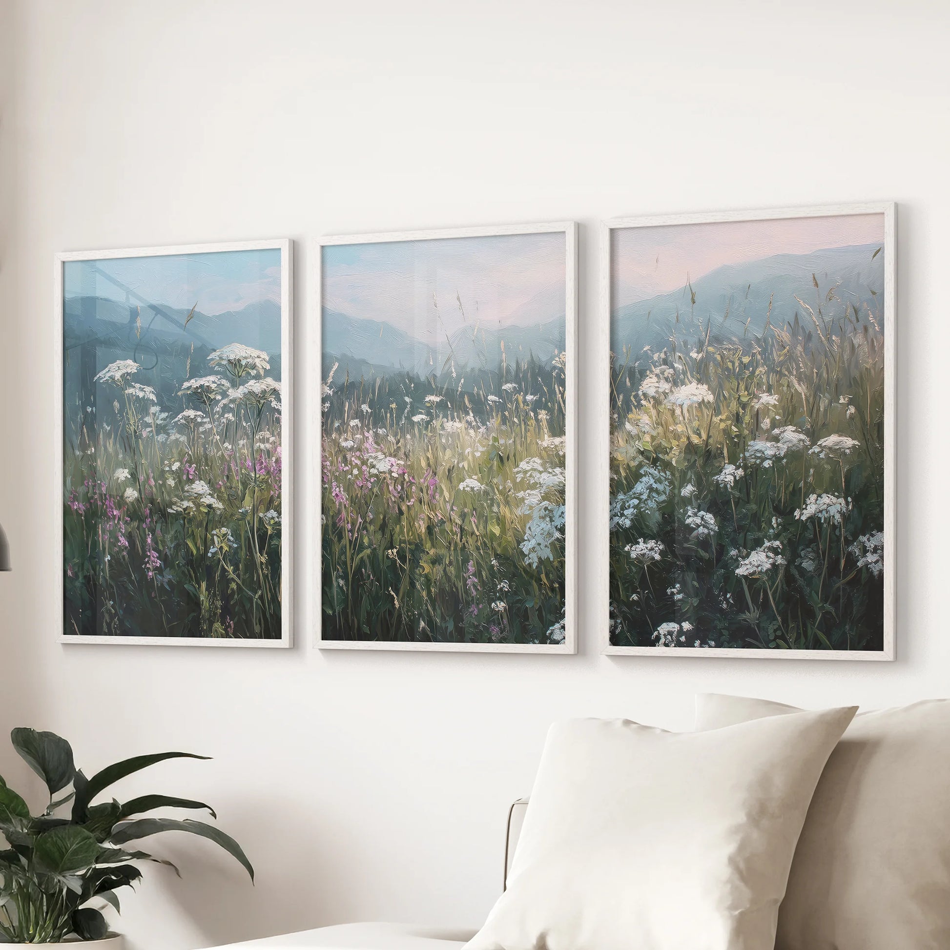 Rustic farmhouse meadow set of three prints, white framed wall art placed over the sofa in the sitting room for a relaxed, neutral focal point.
