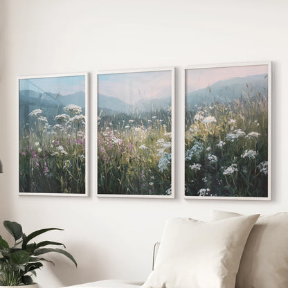Rustic farmhouse meadow set of three prints, white framed wall art placed over the sofa in the sitting room for a relaxed, neutral focal point.