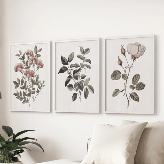 Classic floral art prints, a set of 3 wall decor, hang above the living room sofa in clean white frames, bringing a light, collected look to the space.