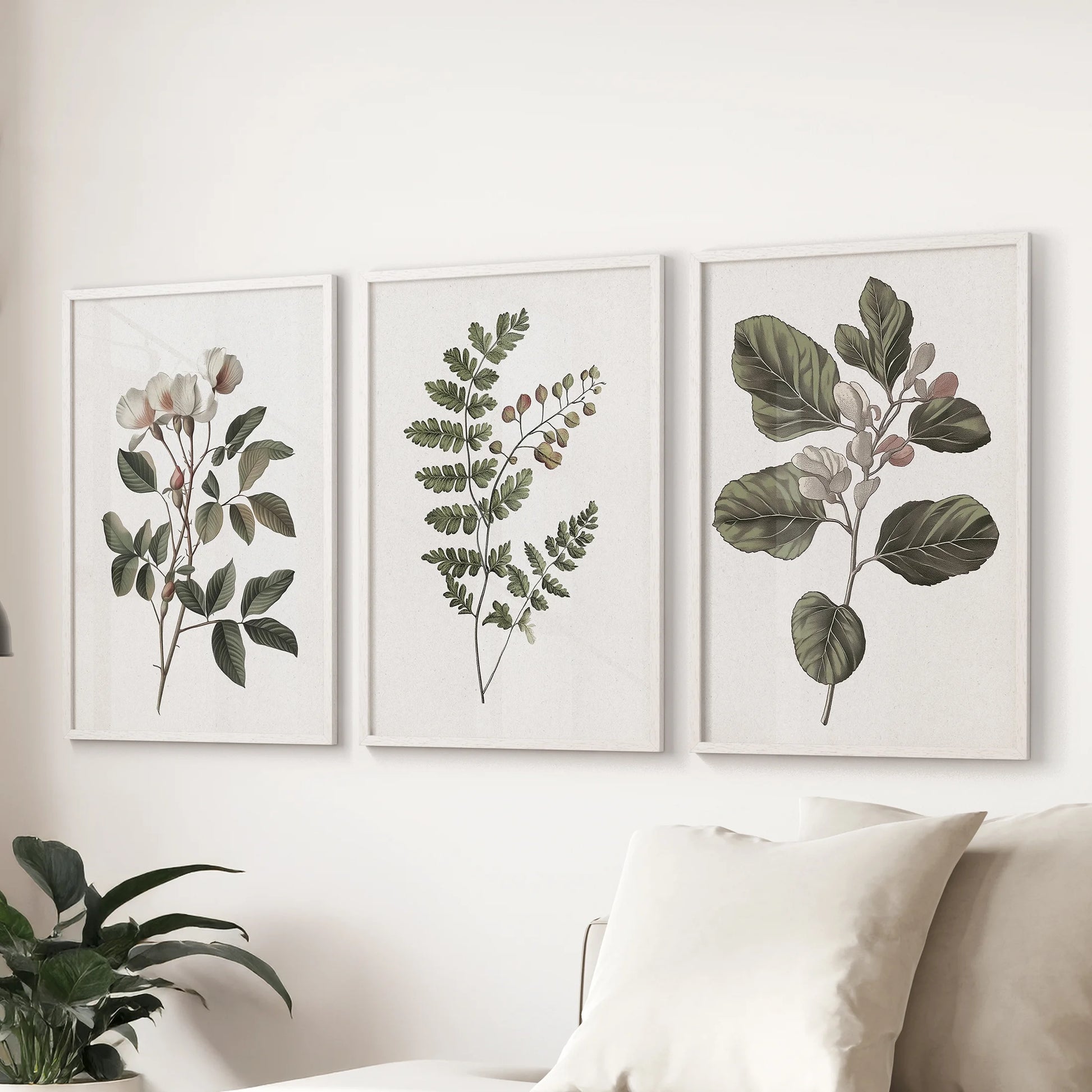 Vintage botanical flowers triptych of three prints, in white framed mounts, rests above the sofa to warm a sitting room with gentle, country garden art.
