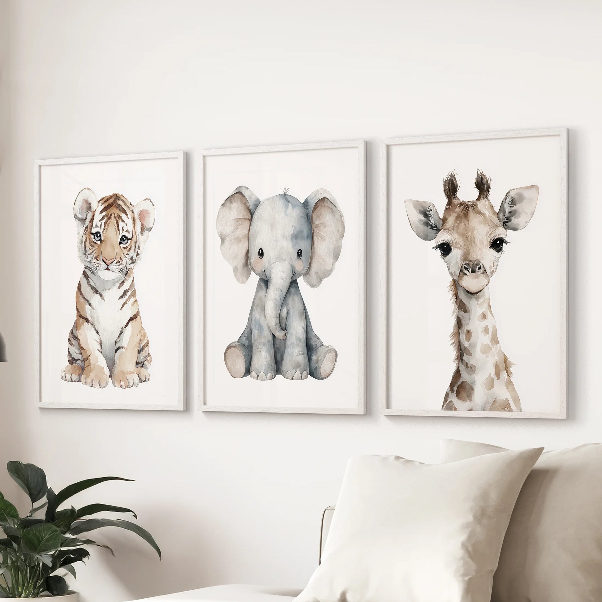 Jungle animal portrait set of three in white frames: cute tiger, soft gray elephant, tall giraffe.