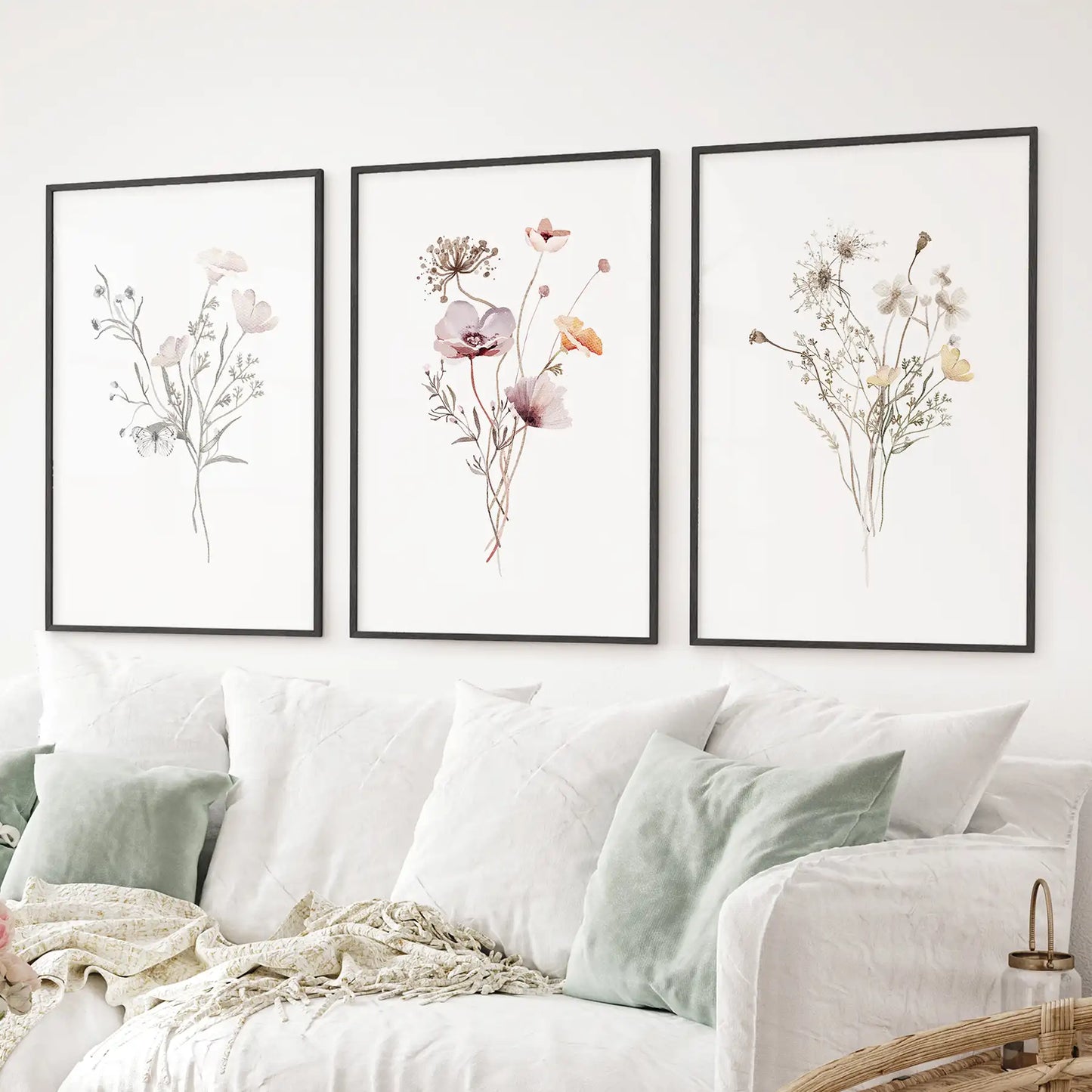 Botanical prints in black frames, watercolor floral art for bedroom or living room