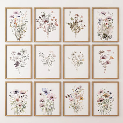Set of 12 watercolor wildflower prints featuring soft neutral florals like poppies, cosmos, and ferns. Thinwood frames for living room.