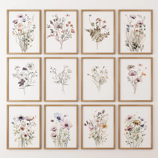 Set of 12 watercolor wildflower prints featuring soft neutral florals like poppies, cosmos, and ferns. Thinwood frames for living room.