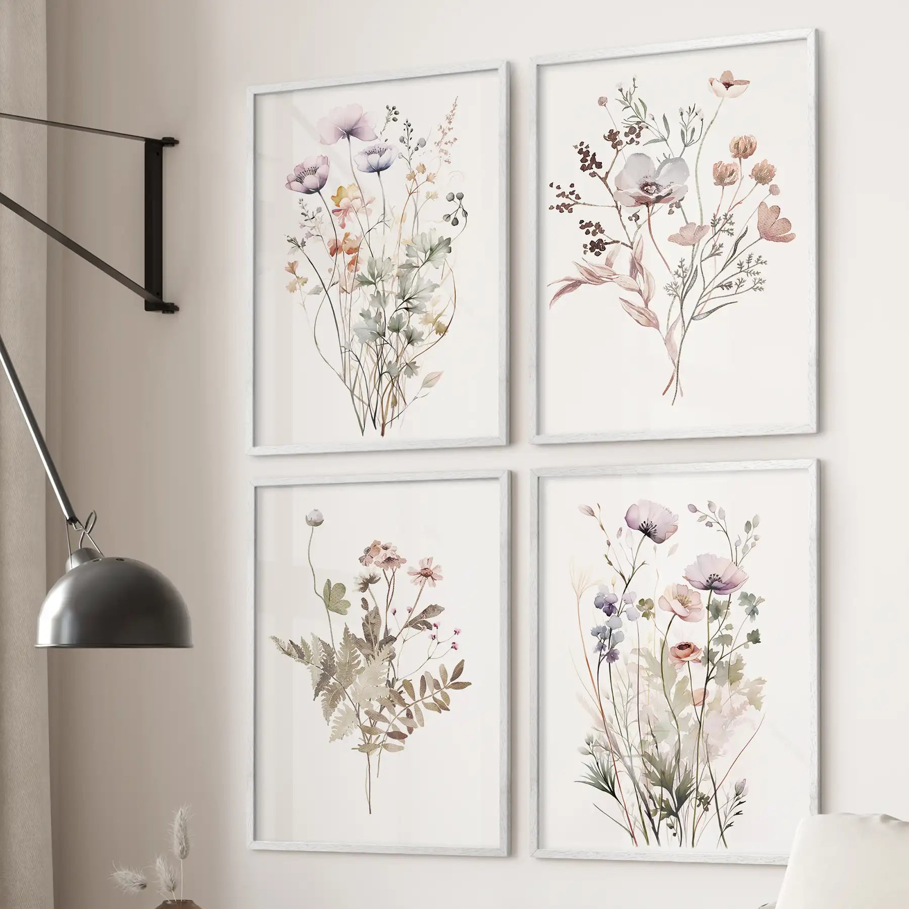 Watercolor flower wall art in white frames, set of 4 botanical posters for cozy living room