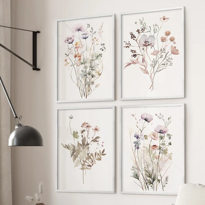Watercolor flower wall art in white frames, set of 4 botanical posters for cozy living room