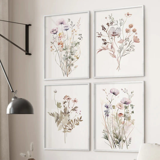 Watercolor flower wall art in white frames, set of 4 botanical posters for cozy living room