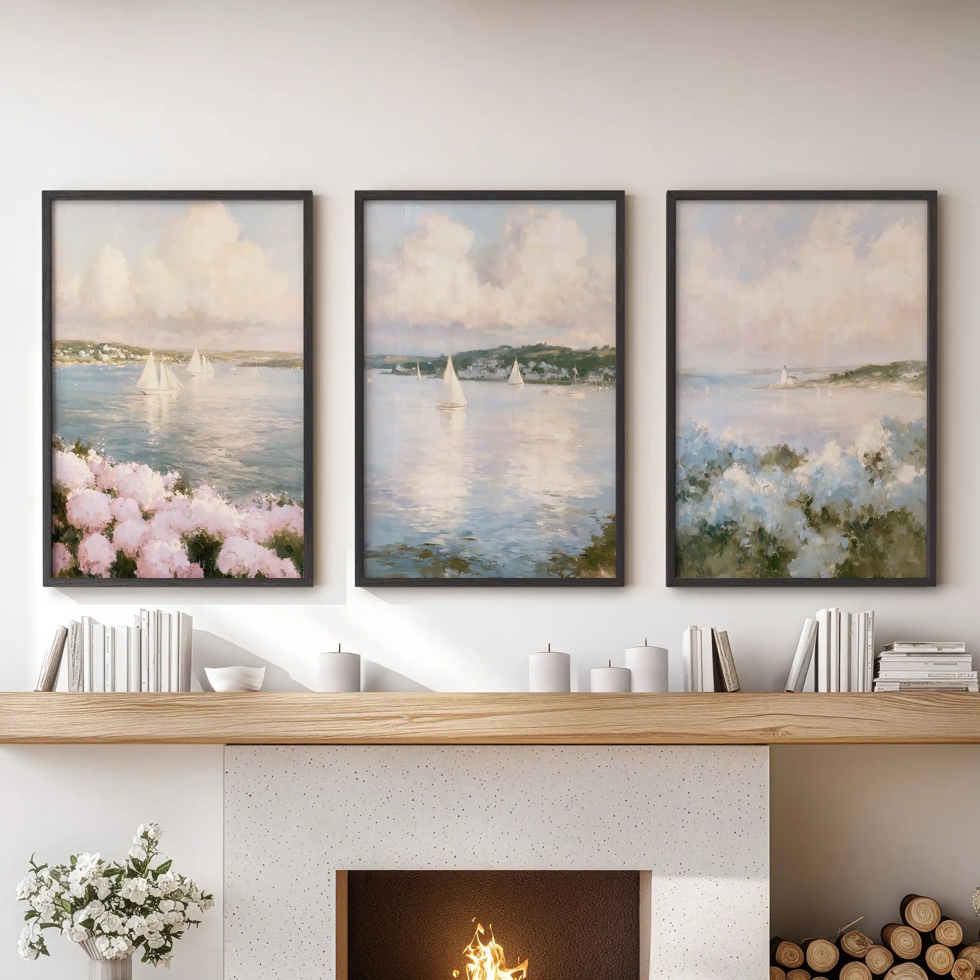 Nantucket sailboats three-piece framed art set steadies the family room over the mantelpiece, crisp black frames showcasing harbor sails and pale sky.