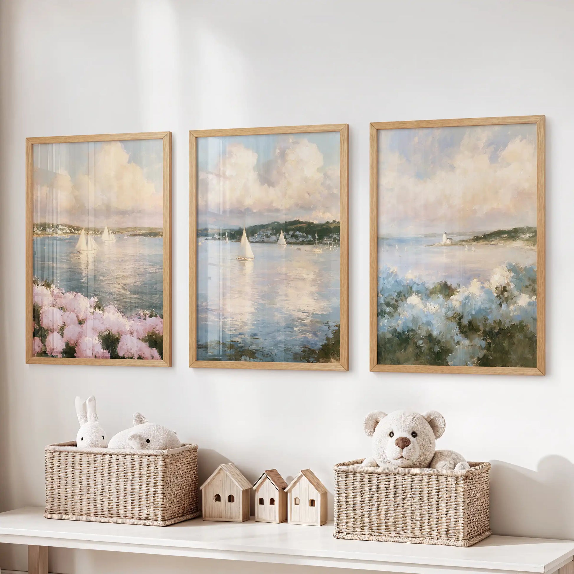 Cape Cod shoreline wall art 3 piece set centers the playroom above the toy organizer, light oak frames keeping the coastal path and sea grass tidy.