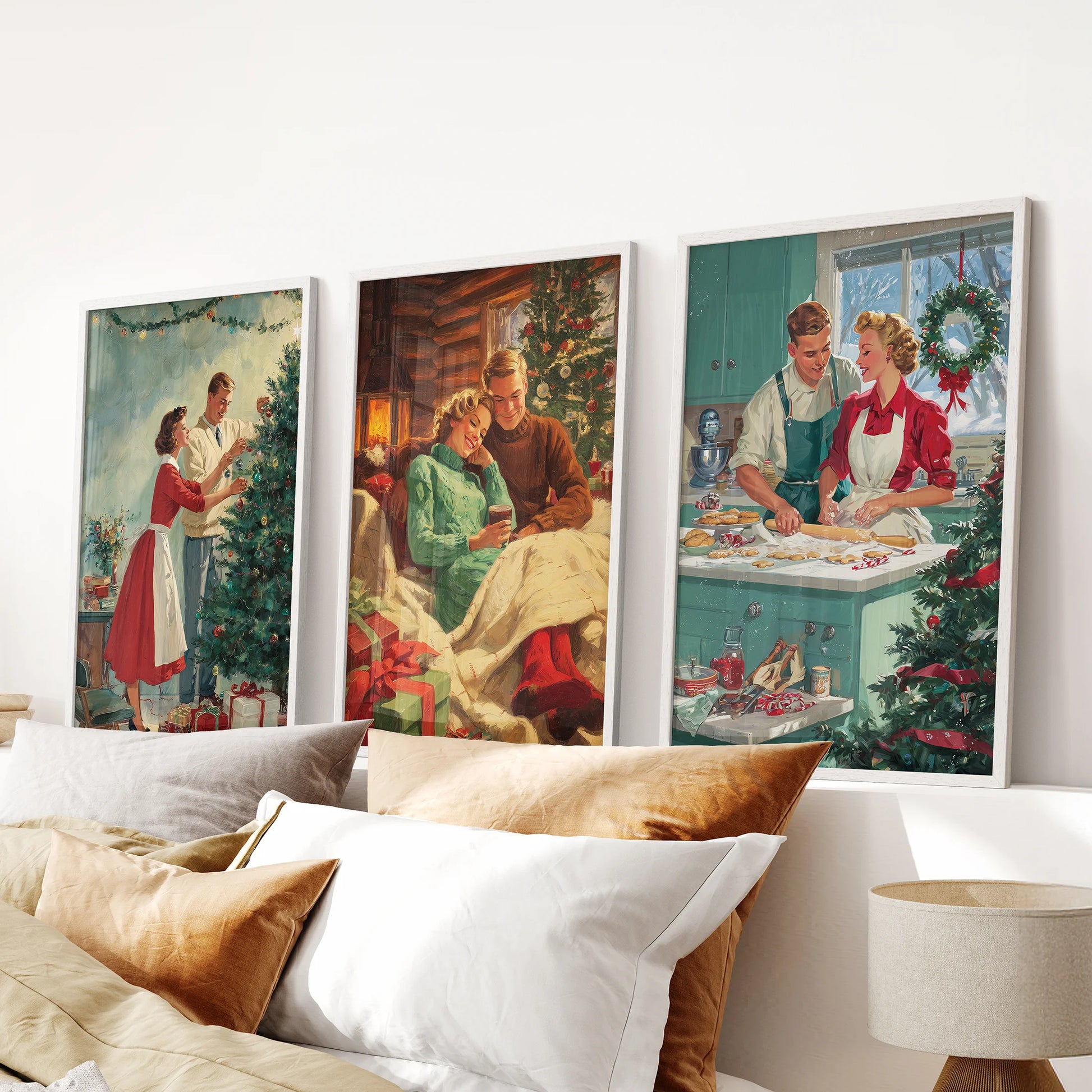 Vintage family holiday scenes, set of 3 wall art prints in white framed finish, lend calm nostalgia to the bedroom above the headboard.