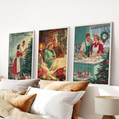 Vintage family holiday scenes, set of 3 wall art prints in white framed finish, lend calm nostalgia to the bedroom above the headboard.